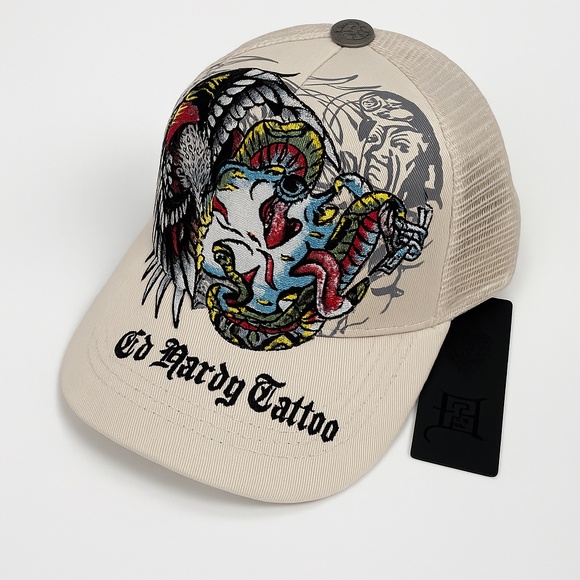 Ed Hardy Tattoo Trucker Hat Skull Snake Eagle Beige Mesh Cap Snapback OS NWT - Picture 1 of 7
